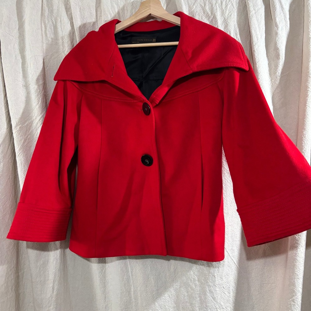 Zara Woman Red 100% Wool Portrait Collar Jacket Made in Spain Size M